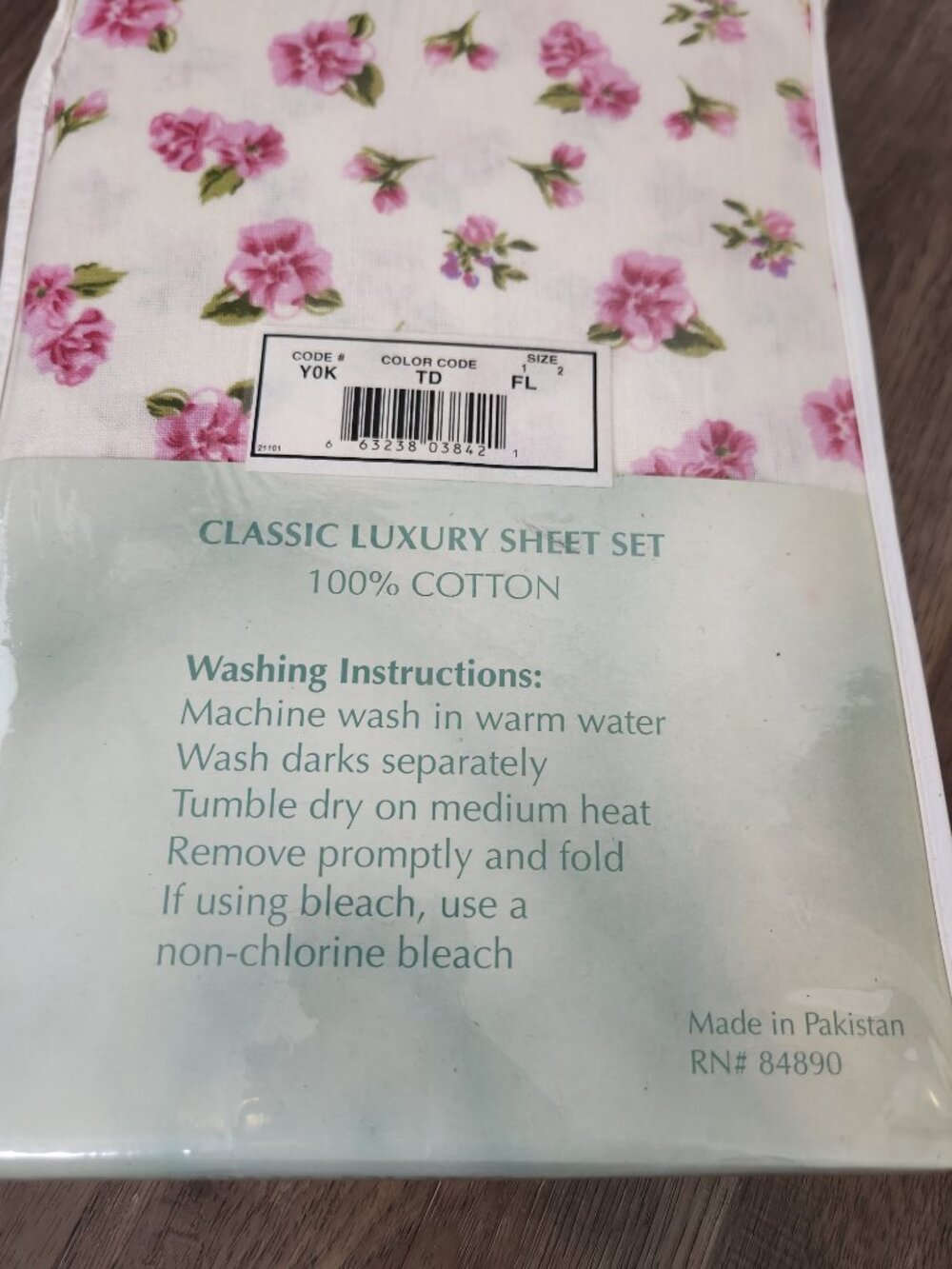 Vintage Haband Full Sheet Set 100% Cotton Pink Rose Floral NOS New Old Stock - Picture 3 of 5